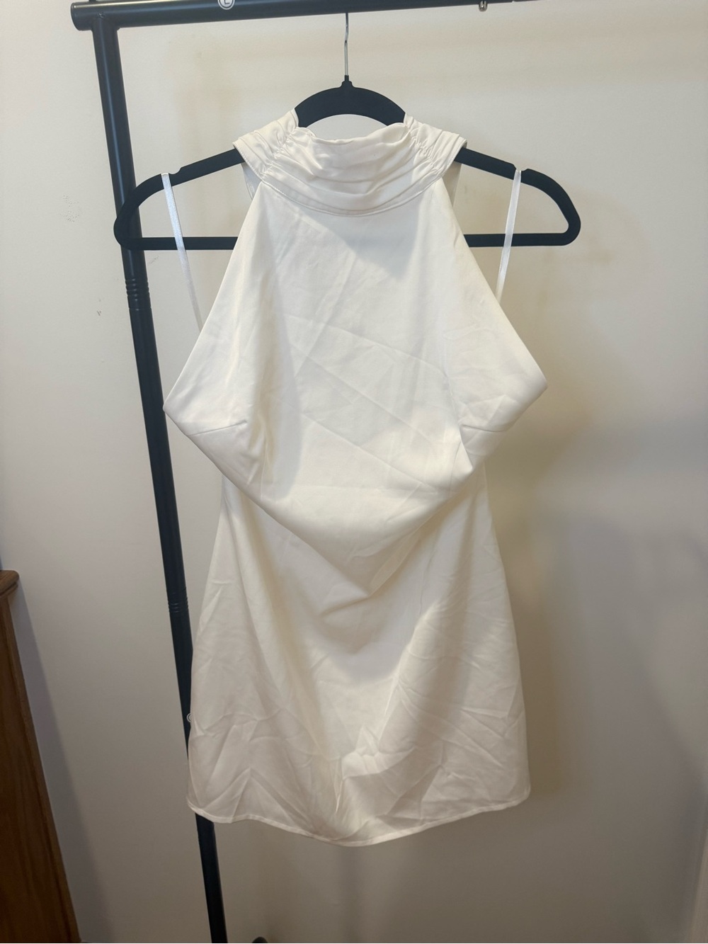 White Silky Halter Mini Dress with Wide Tie for Neck